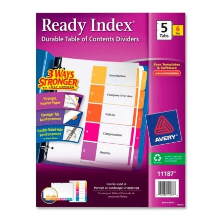 Avery Dennison Avery Ready Index T.O.C. Reference Divider, 1 to 5, 8.5"x11", 5 Tabs, 6 Sets, White/Multi 11187